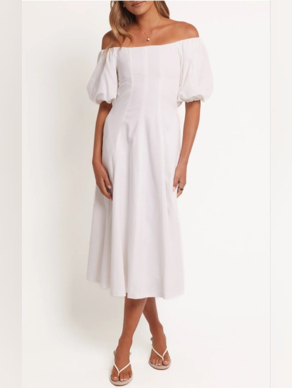 PETAL & PUP Jensen Off-Shoulder Puff Sleeve Midi Dress in White Size L $109